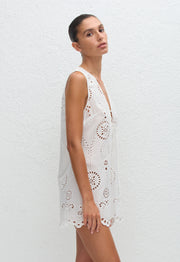 Broderie Tie Mini Dress - White - Matteau
